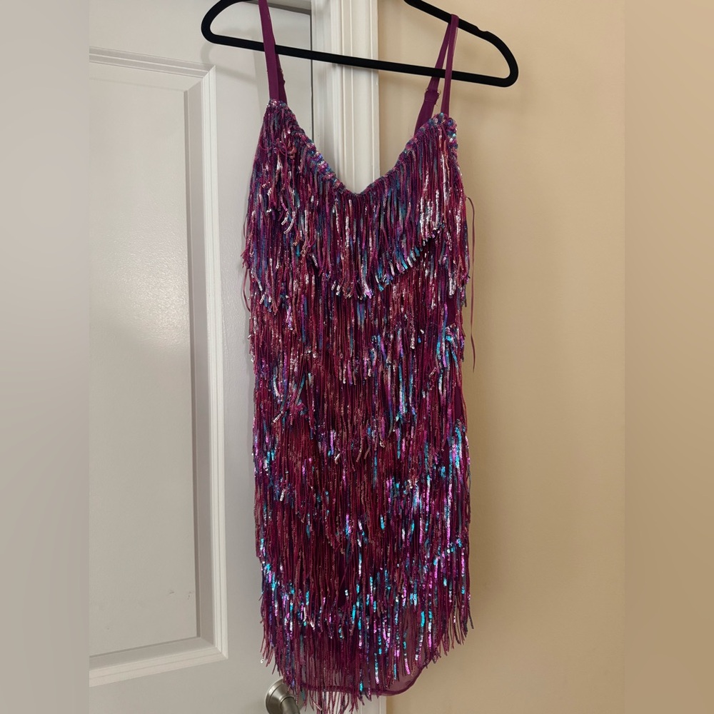 Fashion Nova Magenta Sequin Fringe Mini Dress
